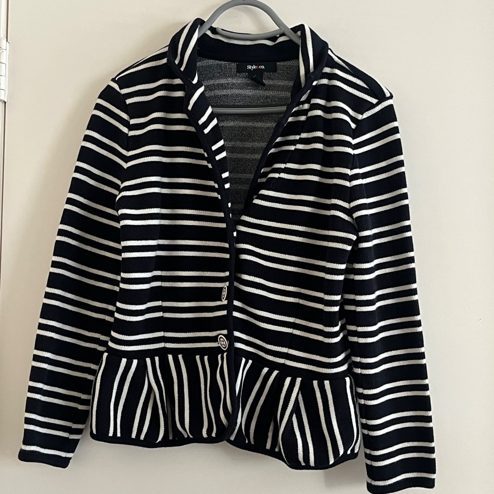 Style & Co Womens Striped Knit Peplum Jacket M Black‎ White Button Front Preppy